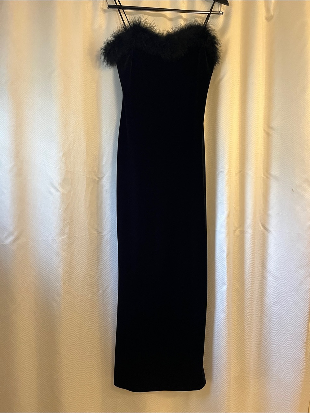 Finesse Black Velvet Maxi Dress with Feather Trim